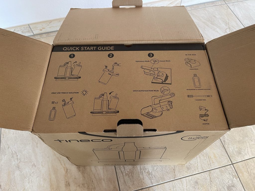 Tineco Carpet One Spot Waschsauger mit Schnellstartanleitung auf dem Karton