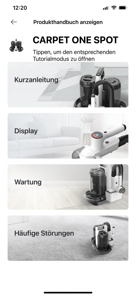 Erklärungen in der App des Tineco Carpet One Spot Waschsaugers