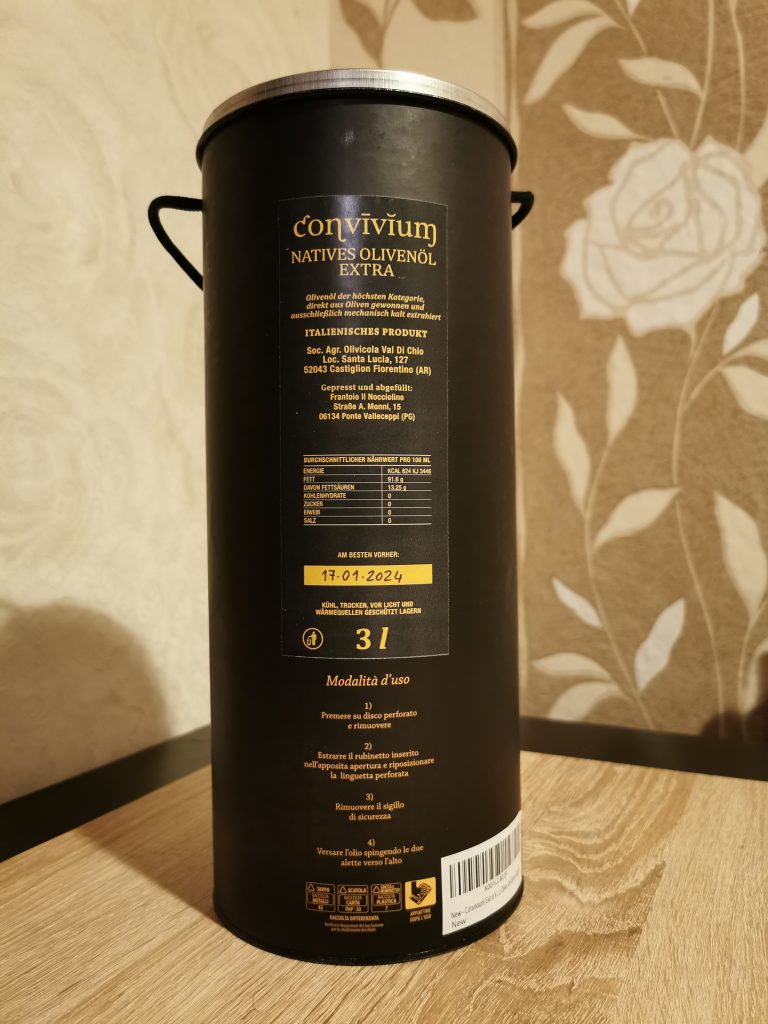 Convivium Olivenöl Verpackung Rückseite