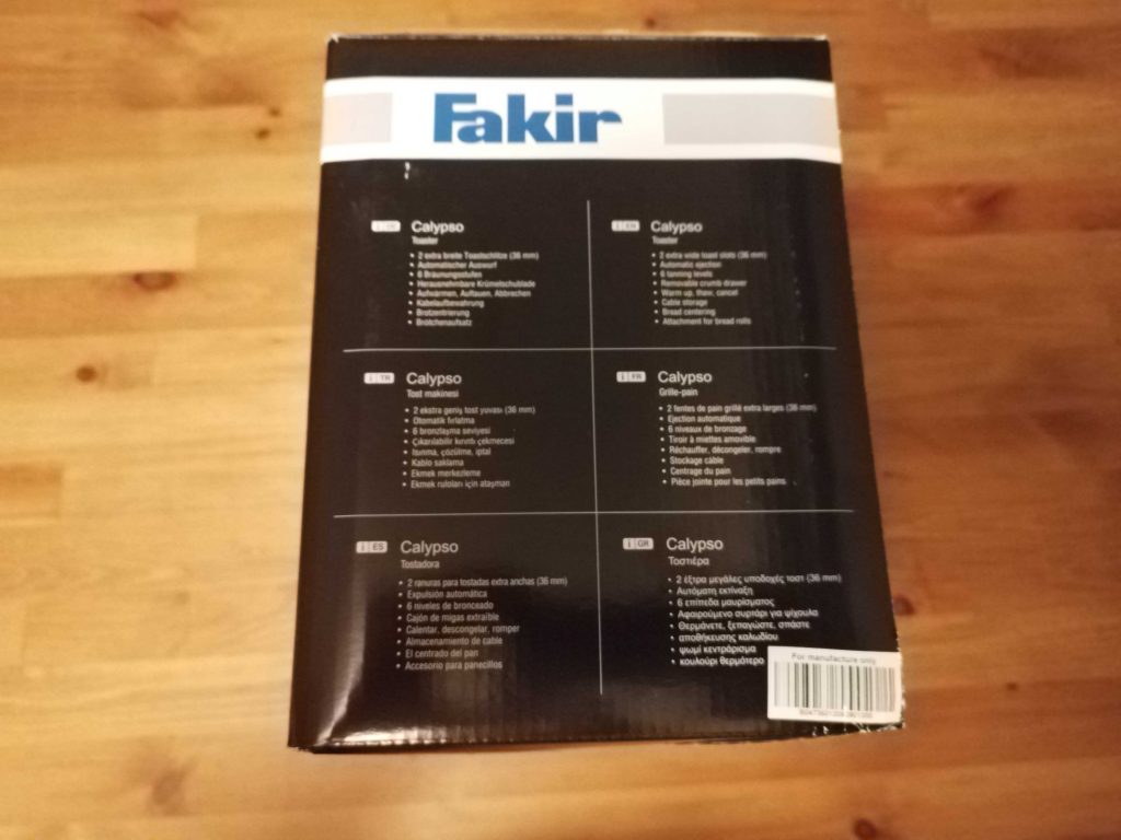 Verpackung des Fakir Calypso Toasters mit Aufzählung des Lieferumfangs