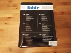 Verpackung des Fakir Calypso Toasters mit Aufzählung des Lieferumfangs