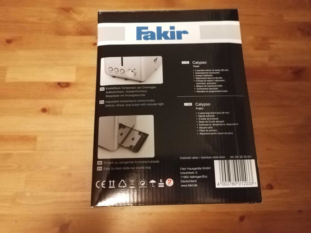 Verpackung des Fakir Calypso Toasters von der Seite mit Beschreibung des Geräts