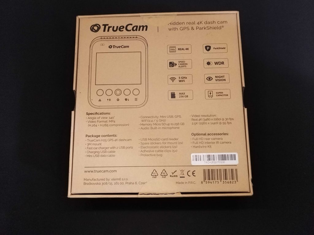 TrueCam H25 GPS 4K Dashcam Verpackung von hinten
