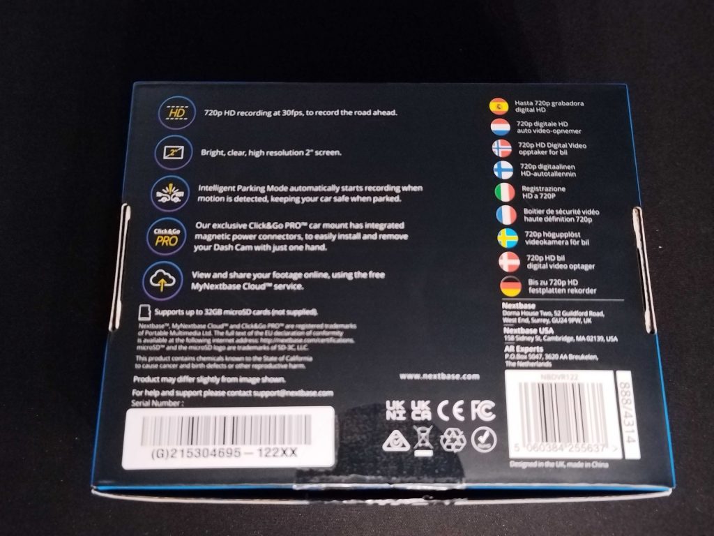 Verpackung der Nextbase 122 GW von hinten