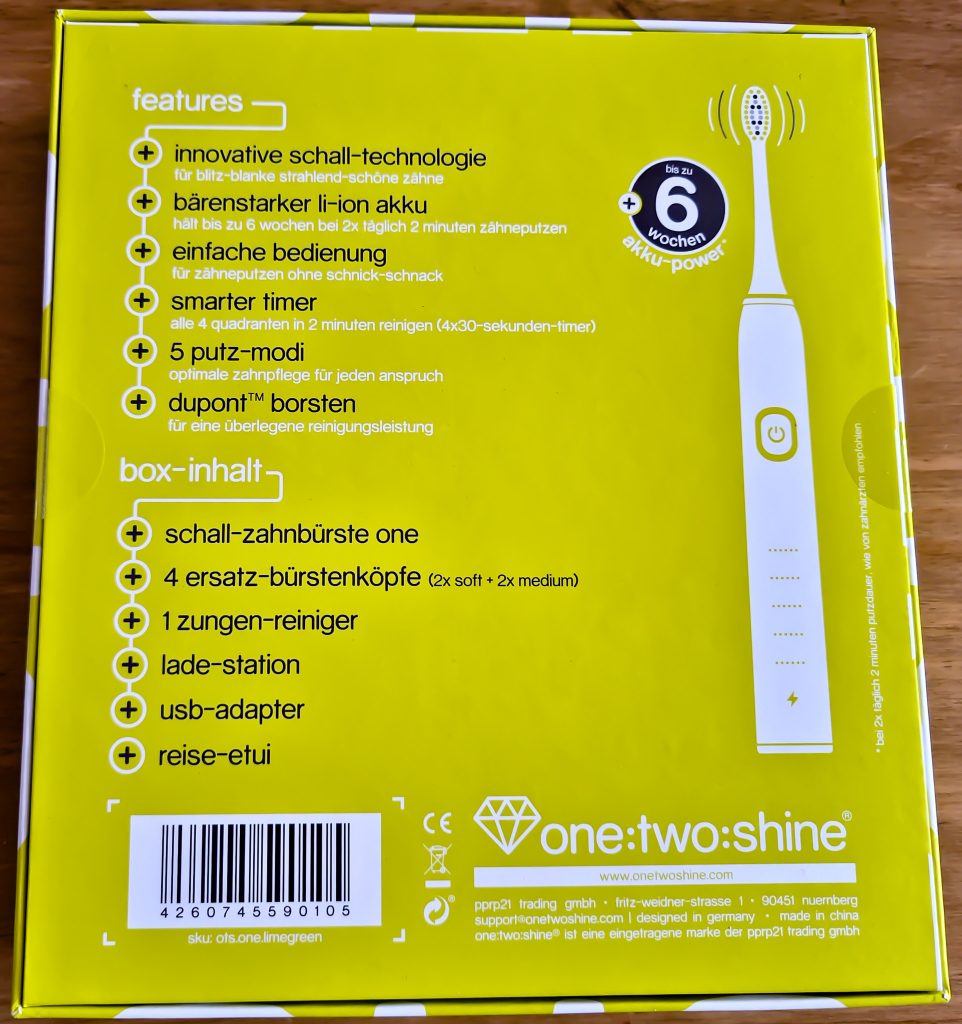 ONETWOSHINE Elektrische Zahnbürste ONE Verpackung Rückseite
