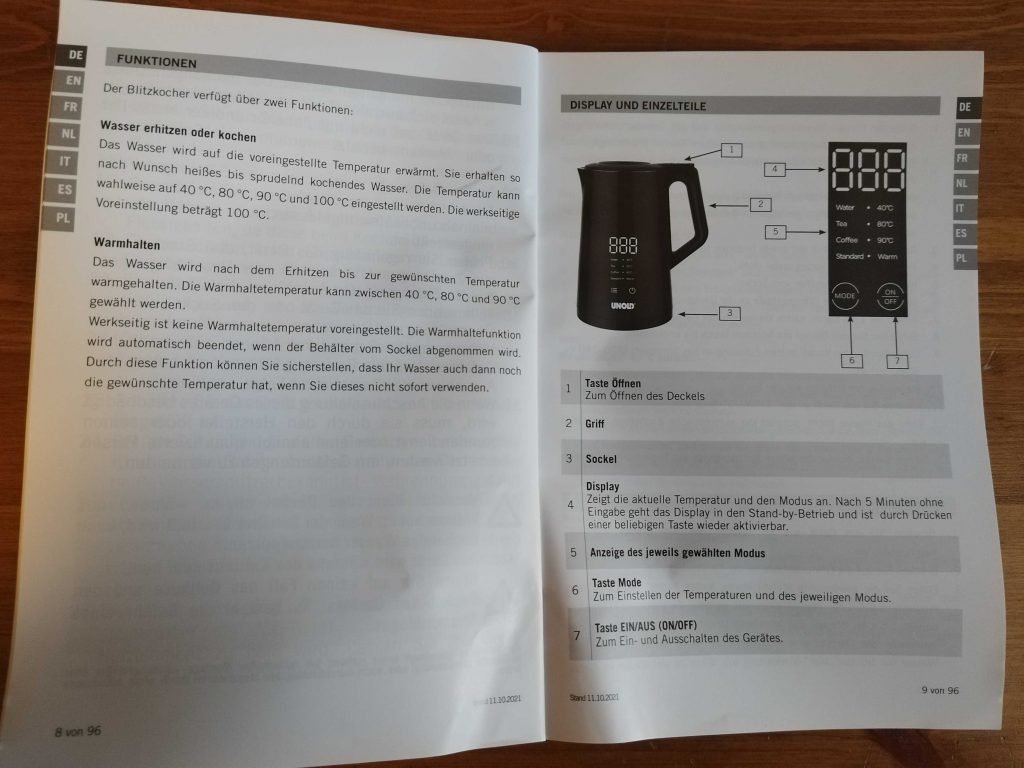 Unold BLITZKOCHER Bedienungsanleitung (Display, Einzelteile und Funktionen)