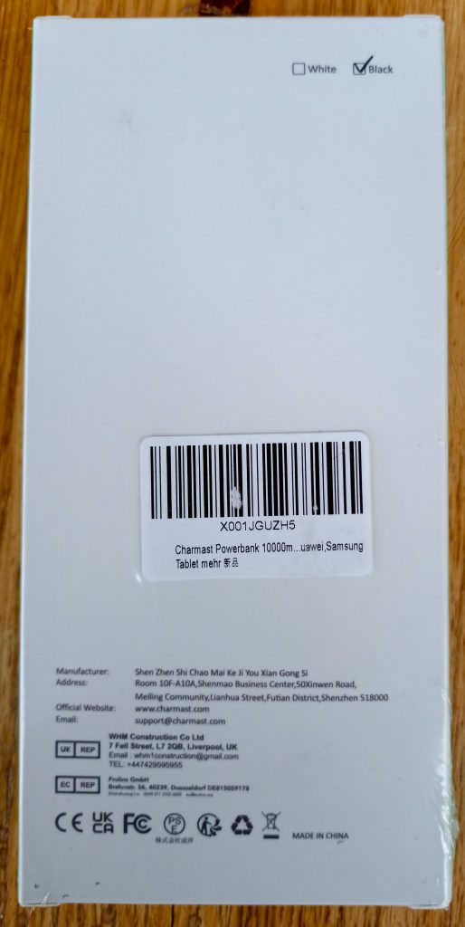Charmast Powerbank Verpackung hinten