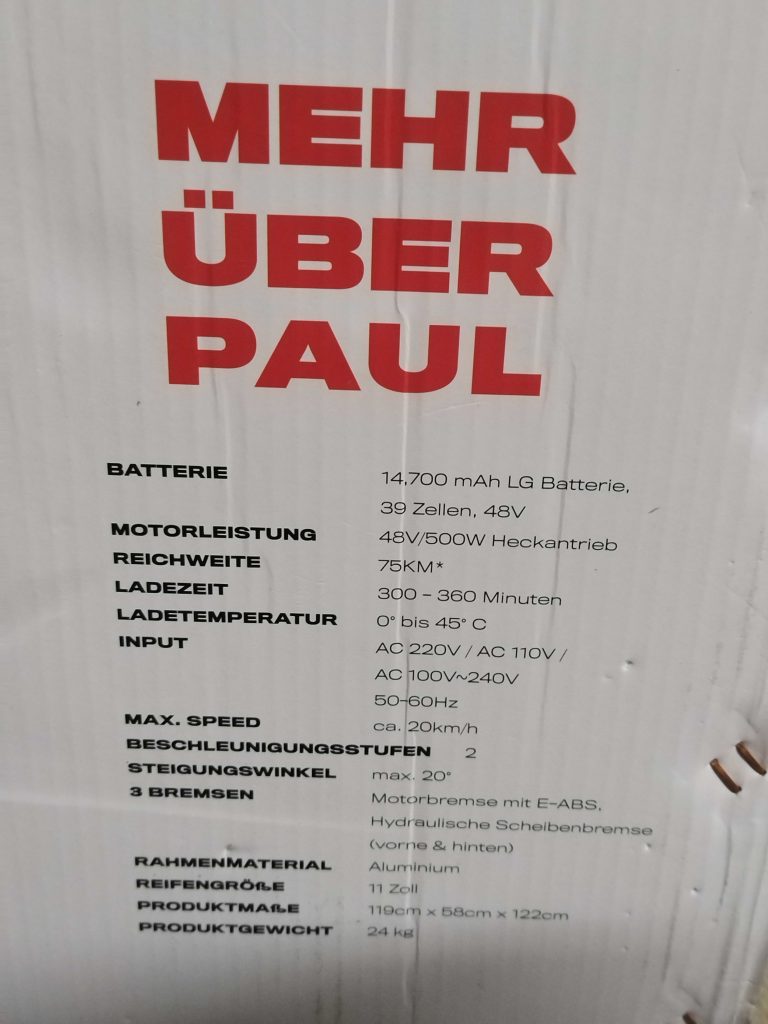 TRITTBRETT Paul Elektro-Scooter technische Details auf der Verpackung