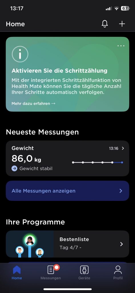 Withings BPM Core Blutdruckmessgerät App Startbildschirm