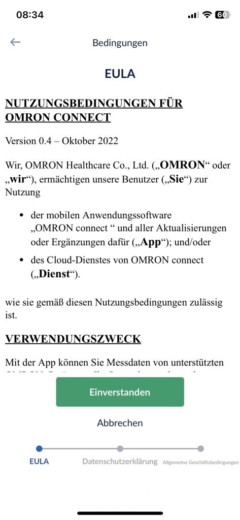 Omron RS7 Intelli IT Blutdruckmessgerät Einrichtung App Eula