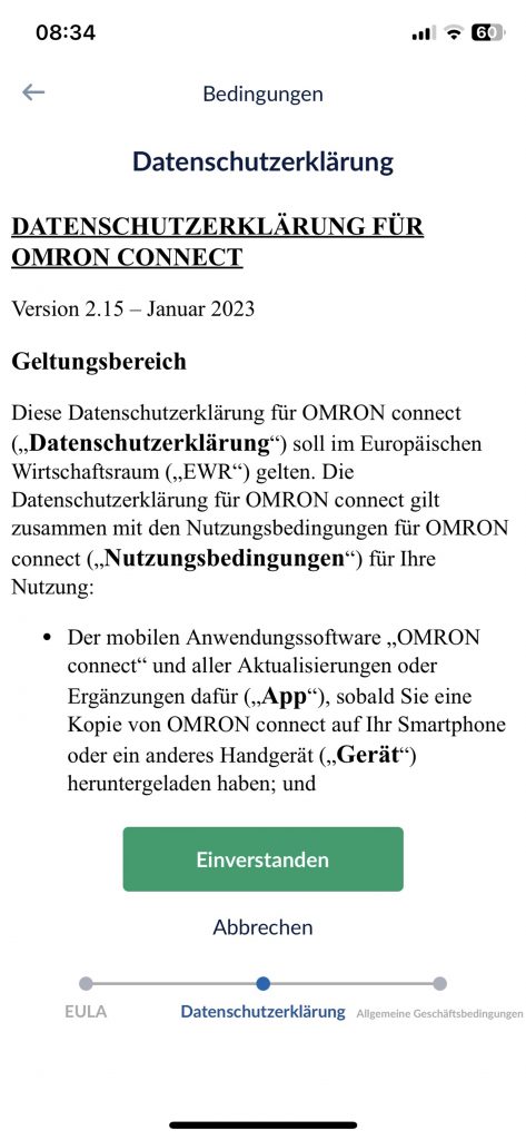 Omron RS7 Intelli IT Blutdruckmessgerät Einrichtung App Datenschutz 2