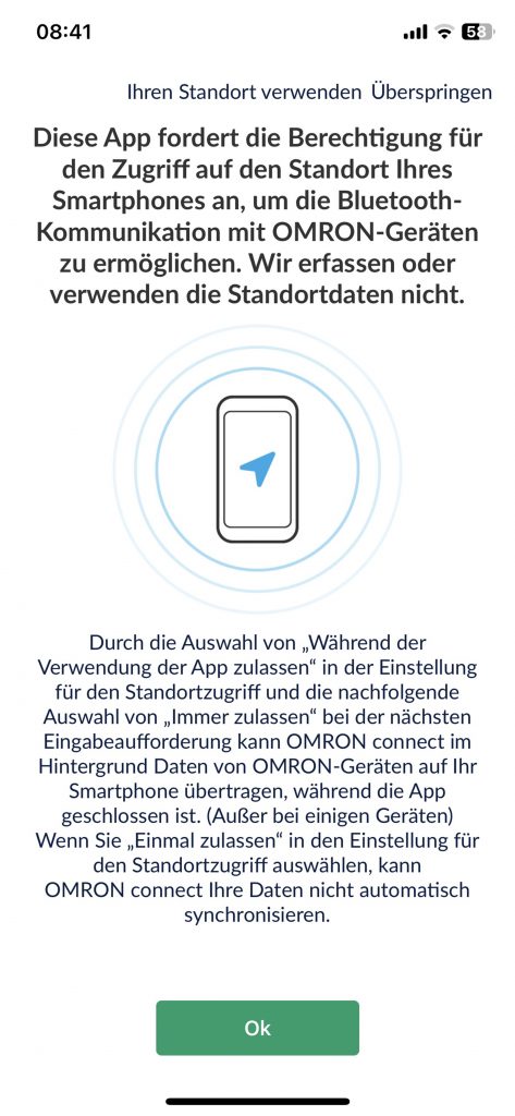 Omron RS7 Intelli IT Blutdruckmessgerät Einrichtung App Standort 1