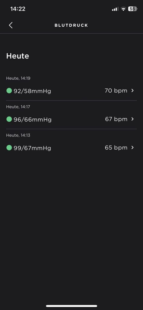 Withings BPM Core Blutdruckmessgerät App Werte letzte drei Messungen