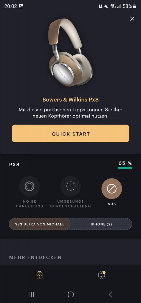Bowers & Wilkins Px8 Over-Ear-Kopfhörer App Dashboard
