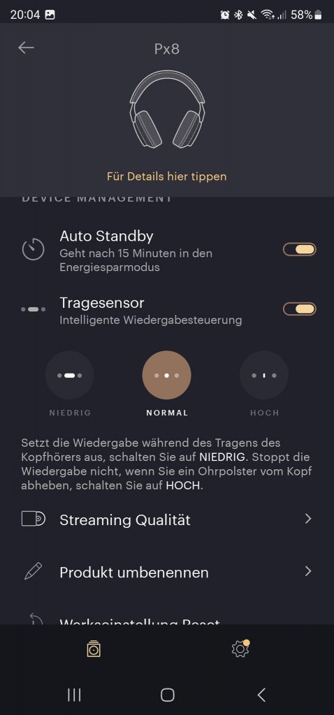 Bowers & Wilkins Px8 Over-Ear-Kopfhörer App Einstellungen