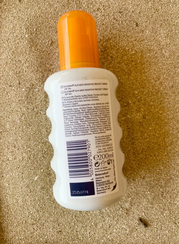EUCERIN Sensitive Protect Kids Sun Spray 50+ Sonnencreme Flasche Rückseite