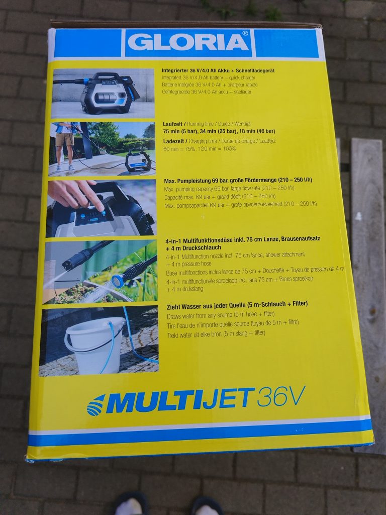 Gloria MultiJet 36V Hochdruckreininger Verpackung linke Seite