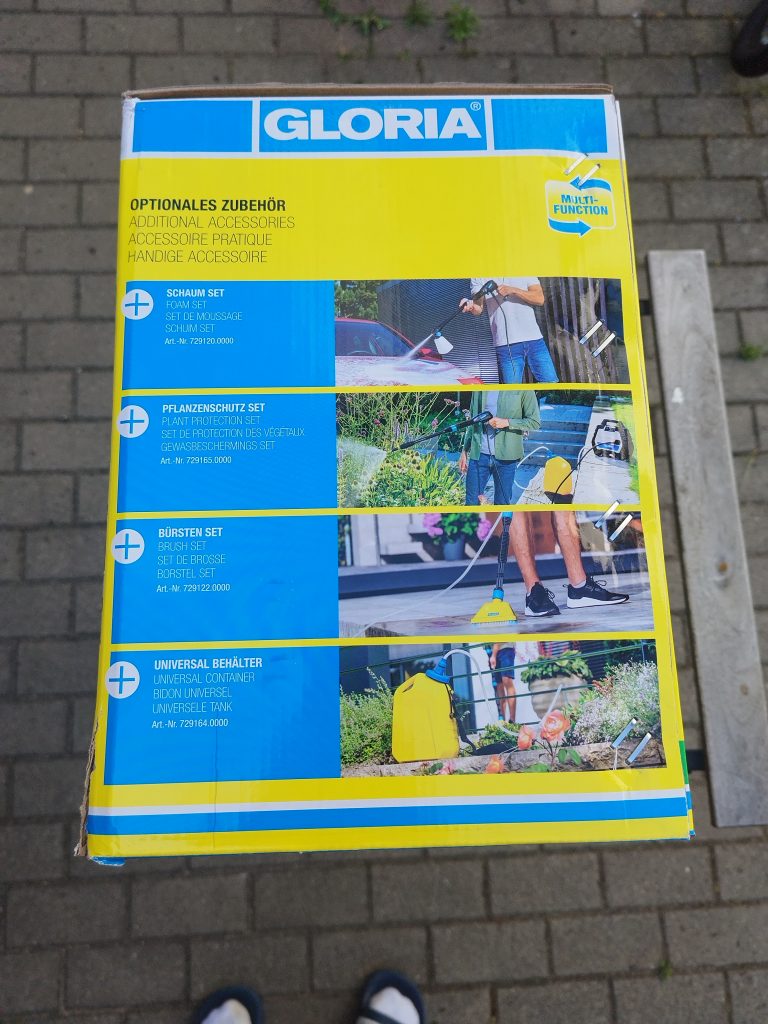Verpackung des Gloria MultiJet 36V Hochdruckreiningers von der Seite