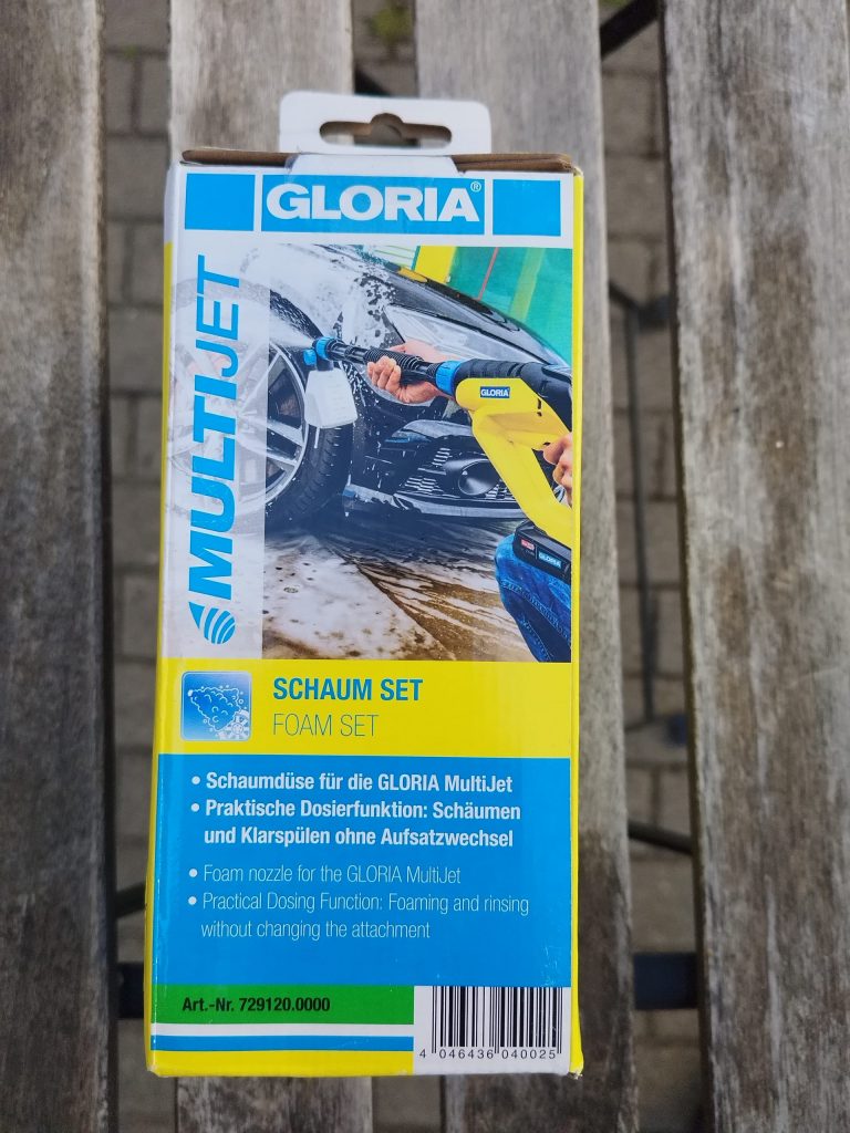 Schaum-Set des Gloria MultiJet 36V Hochdruckreiningers Verpackung von vorn