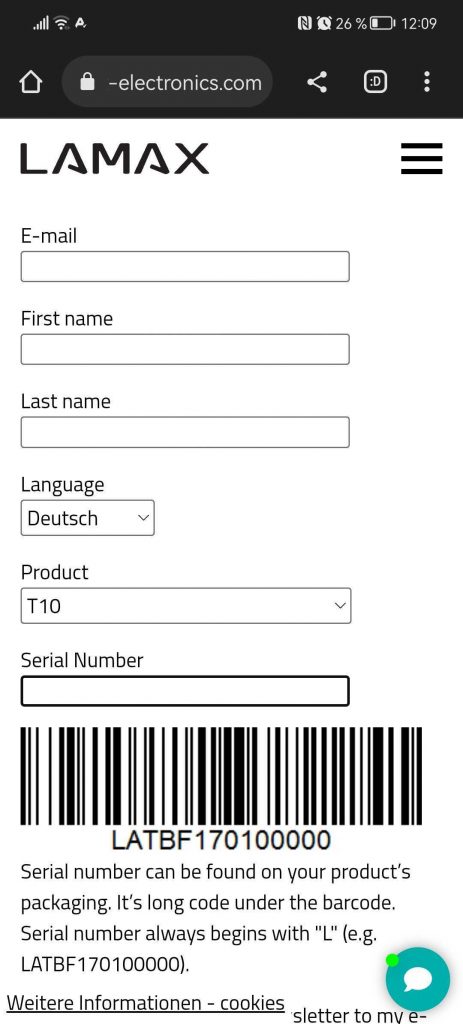 Screenshot aus der Online-Registrierung der LAMAX T10 Dashcam
