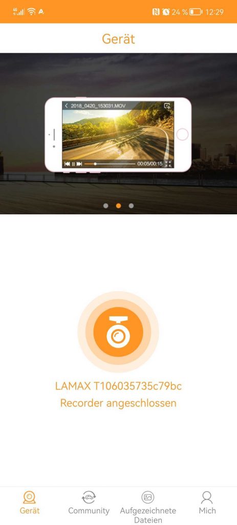 Screenshot aus der Roadcam-App für die LAMAX T10 Dashcam