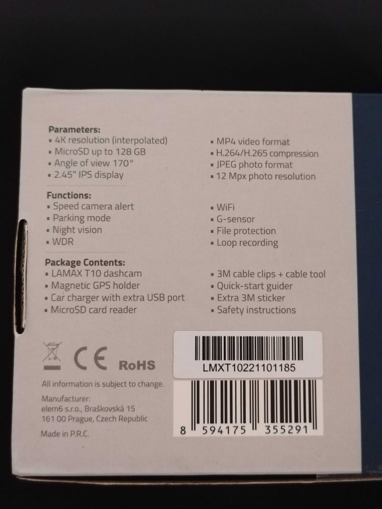 Technische Details der Lamax T10 Dashcam auf der Verpackung