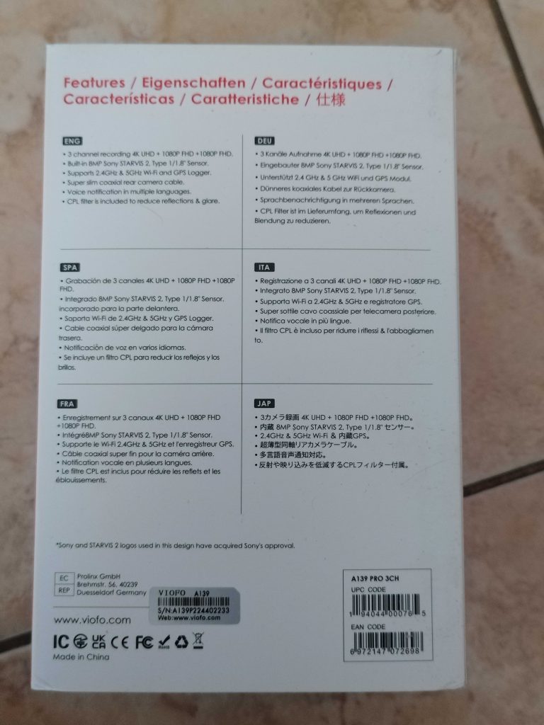 Viofo A139 Pro Dashcam Verpackung von hinten