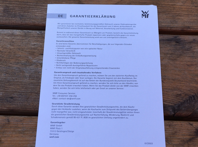 WMF BUENO Garantieerklärung