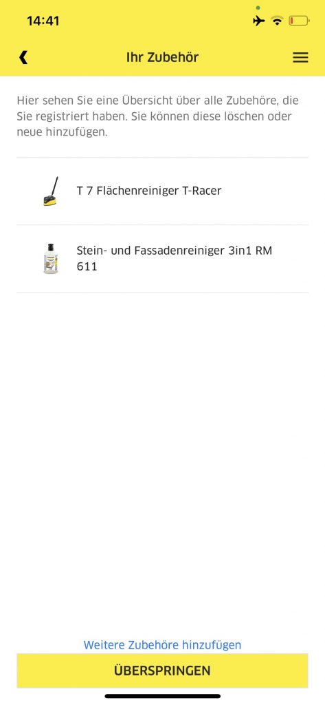 Anzeige des Zubehörs durch die App des Verpackung des Kärcher K7 Hochdruckreinigers