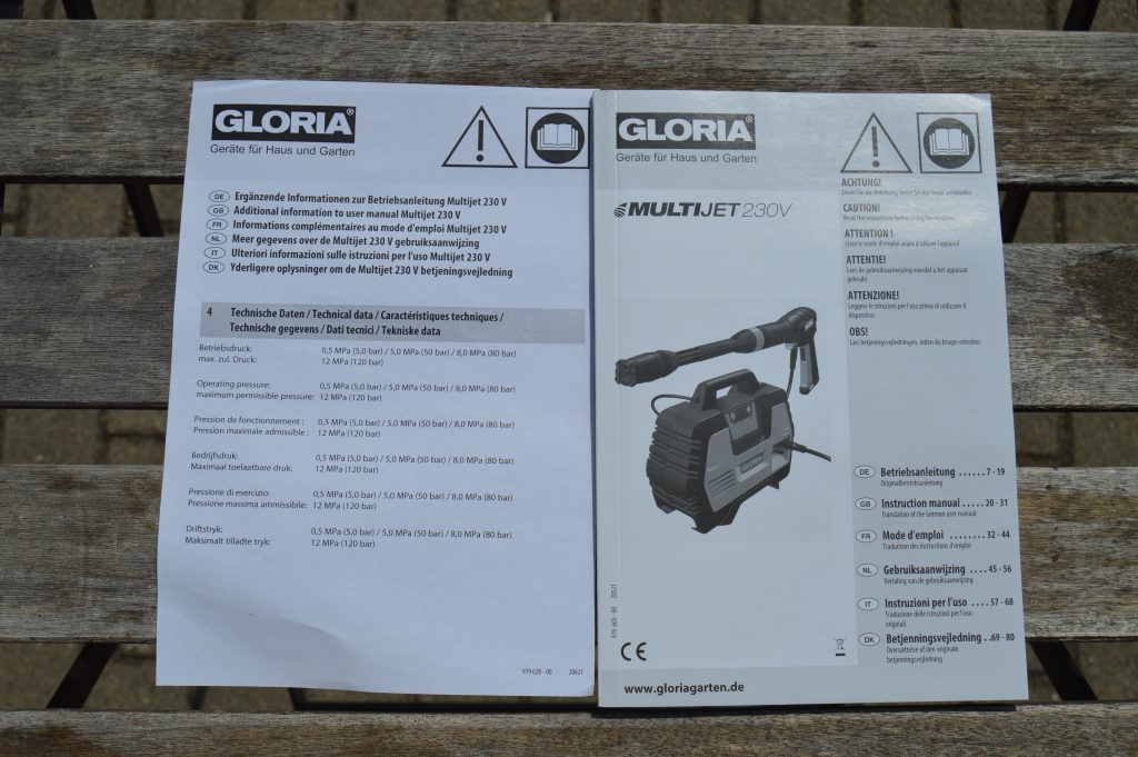 Bedienungsanleitung und Technisches Datenblatt des Gloria MultiJet 230V Hochdruckreiniger