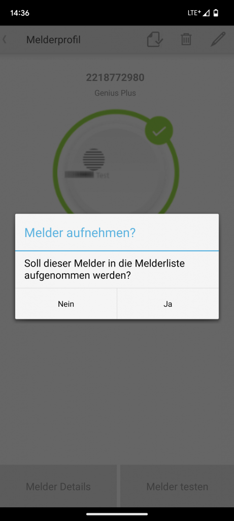 Bestätigungsfeld für die App-Verbindung des Hekatron Genius Plus X Rauchmelders