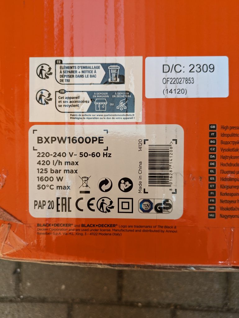 Black + Decker BXPW 1600PE Hochdruckreiniger Verpackung Ansicht technische Daten