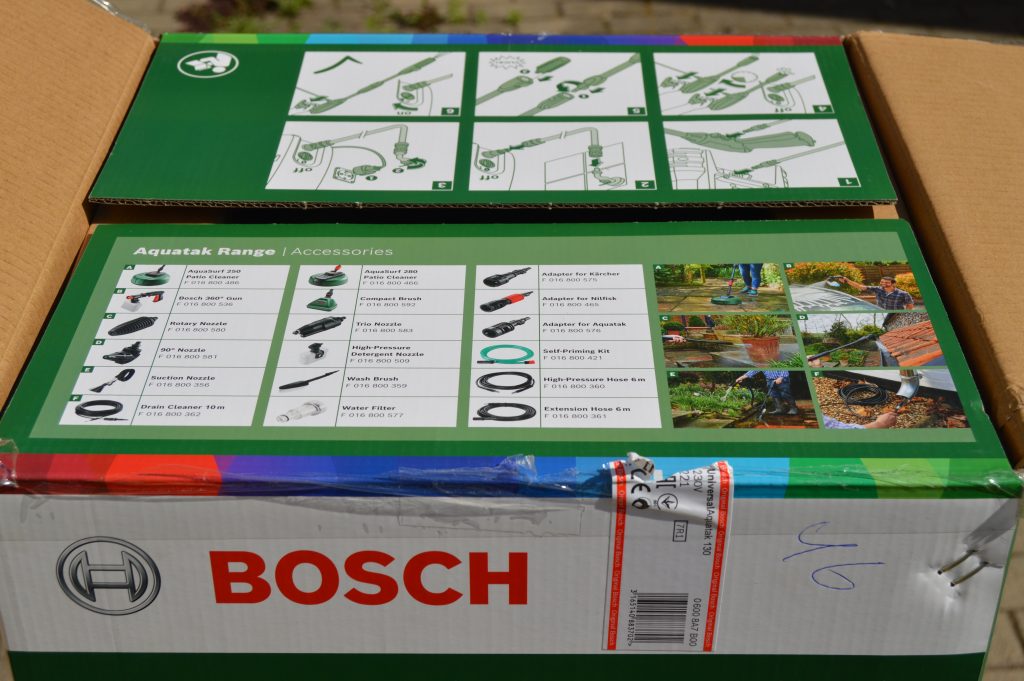 Bosch Aquatak 130 Hochdruckreiniger Verpackung optionales Zubehör Fernansicht