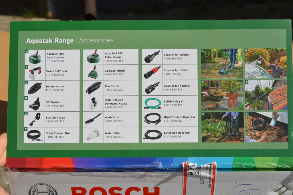 Bosch Aquatak 130 Hochdruckreiniger Verpackung optionales Zubehör Nahansicht