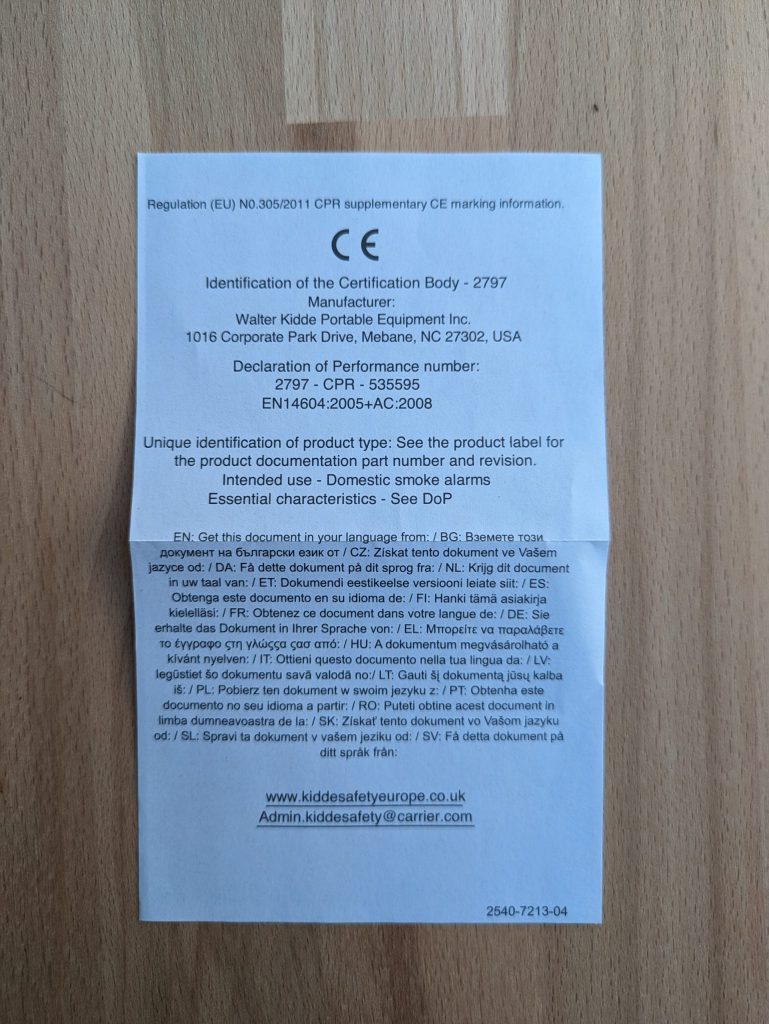 CE-Zertifikat des Kiddie Q2 Rauchmelders