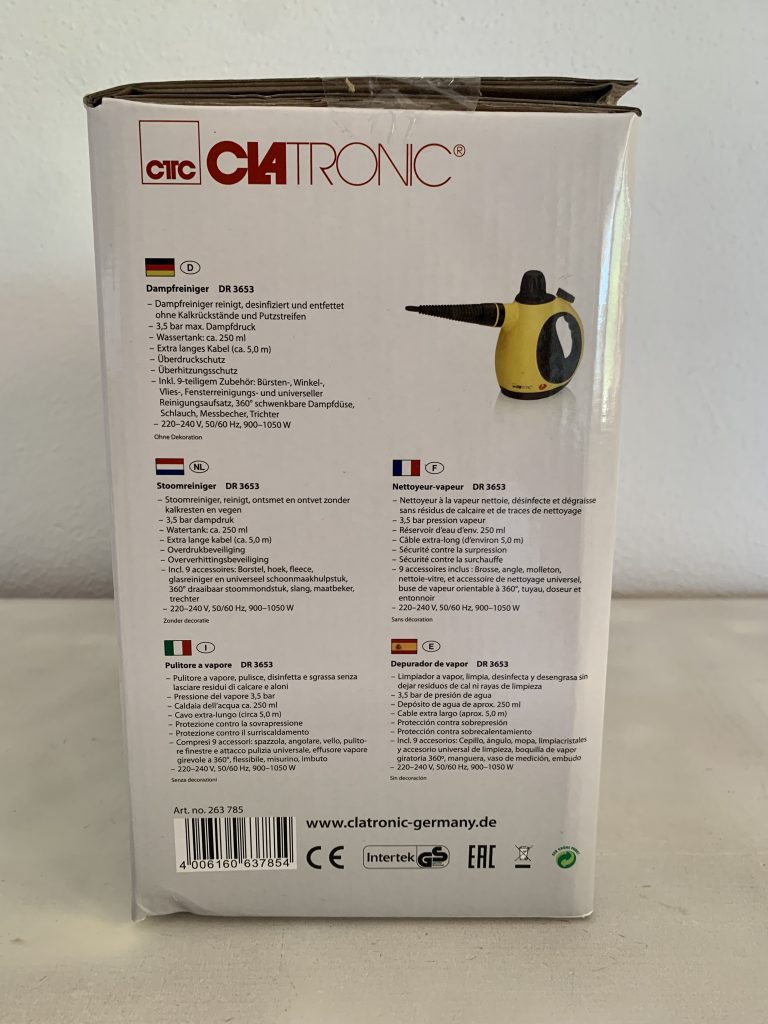 Clatronic DR 3653 Handdampfreiniger Karton von der Seite