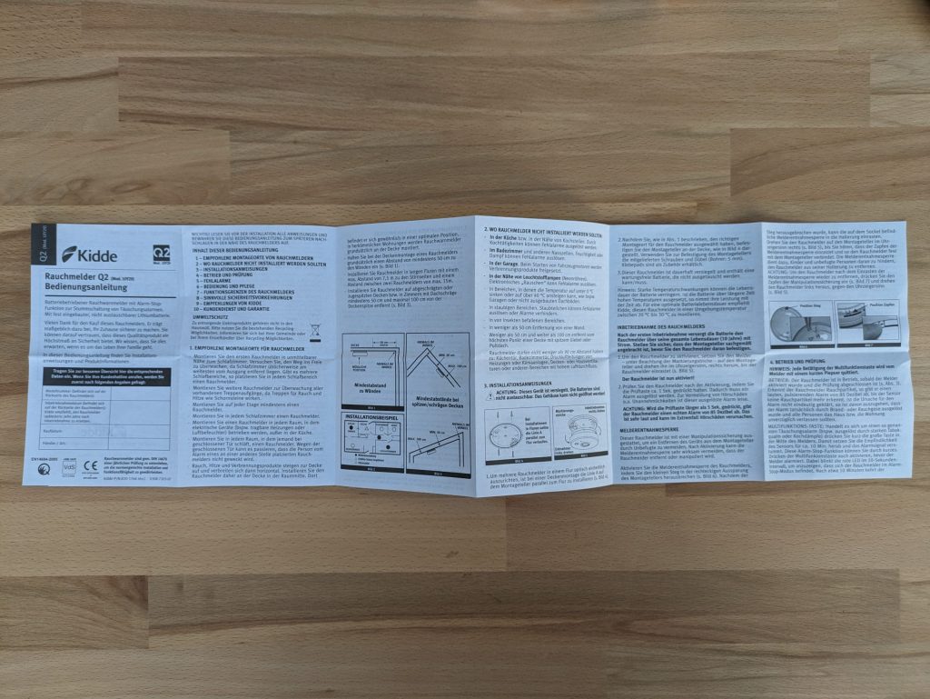 Erste Seite des Faltzettels des Kiddie Q2 Rauchmelders