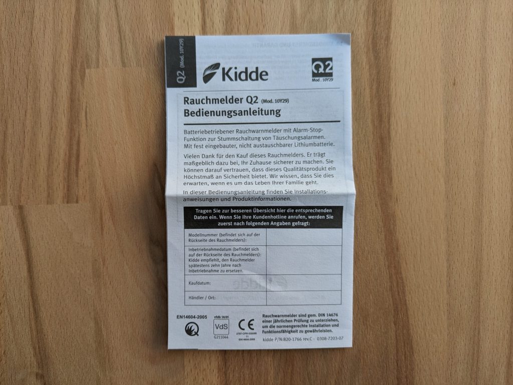 Faltzettel des Kiddie Q2 Rauchmelders