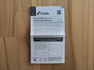Faltzettel des Kiddie Q2 Rauchmelders