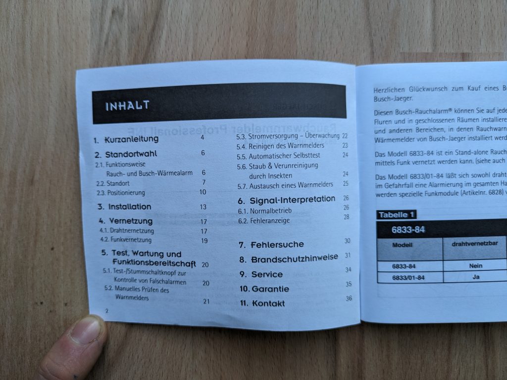 Geöffnetes Inhaltsverzeichnis des Busch-Jaeger ProfessionalLine Rauchmelders