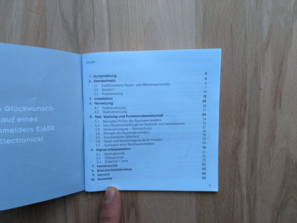 Geöffnetes Inhaltsverzeichnis des Ei Electronics Ei650 Rauchmelders