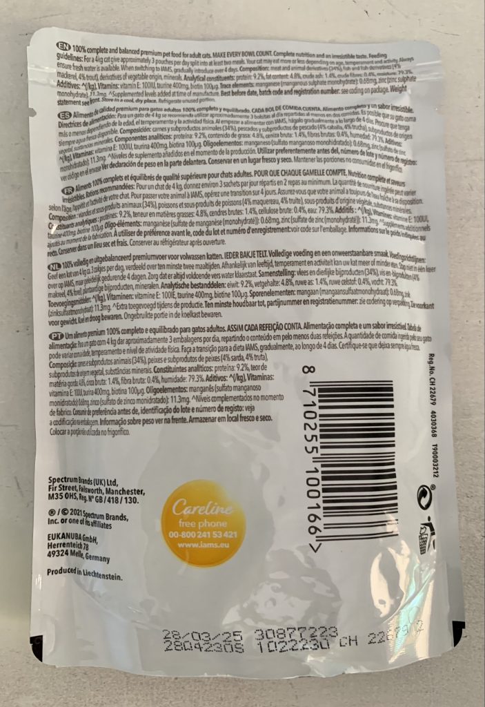 IAMS Delights Sea Collection Katzenfutter Makrele Beutel von hinten mit Inhaltsstoffen