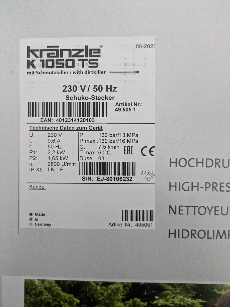 Kränzle K 1050 TS Hochdruckreiniger Verpackung technische Eigenschaften