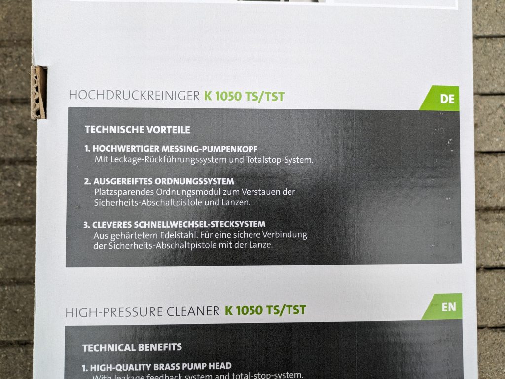 Kränzle K 1050 TS Hochdruckreiniger Verpackung technische Vorteile