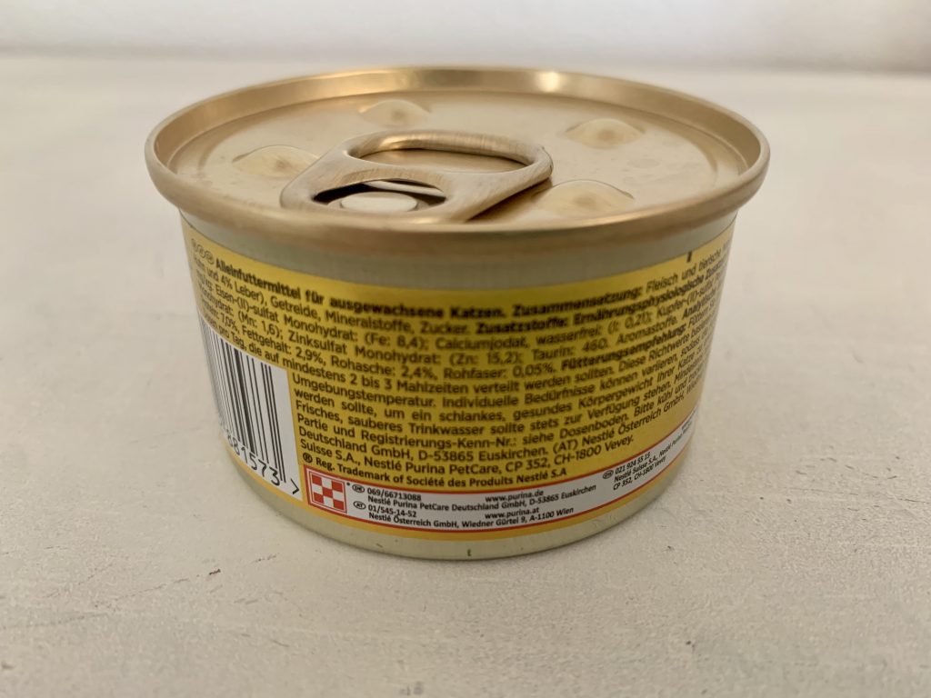 PURINA GOURMET Gold Zarte Häppchen in Sauce mit Lachs und Huhn Katzenfutter Dose von hinten
