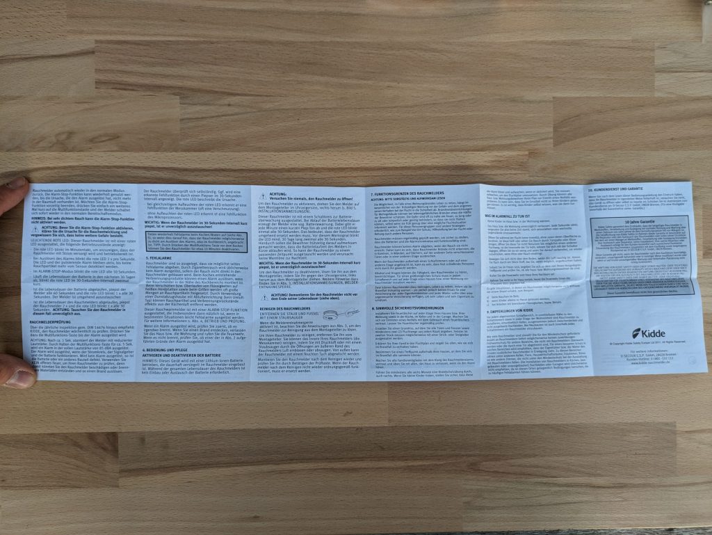 Rückseite des Faltzettels des Kiddie Q2 Rauchmelders