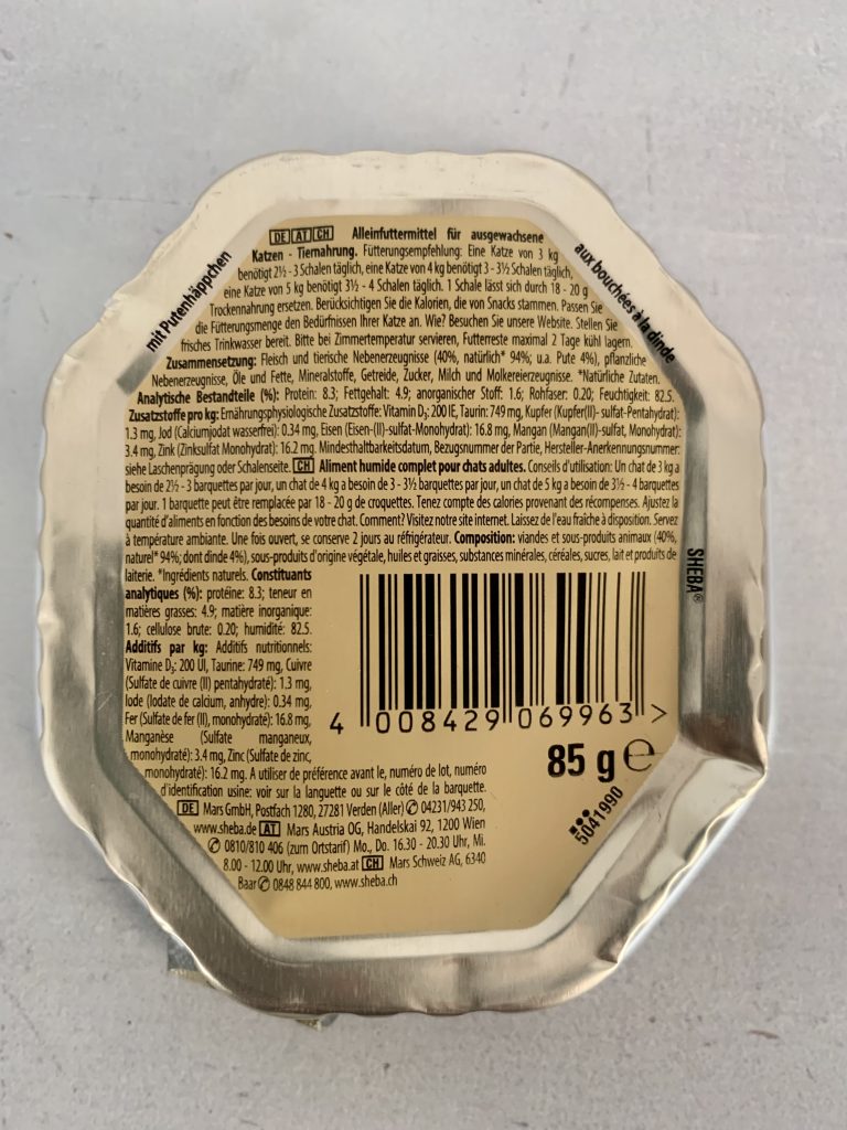 Sheba Sauce Spéciale Putenhäppchen in heller Sauce Katzenfutter Verpackung von hinten