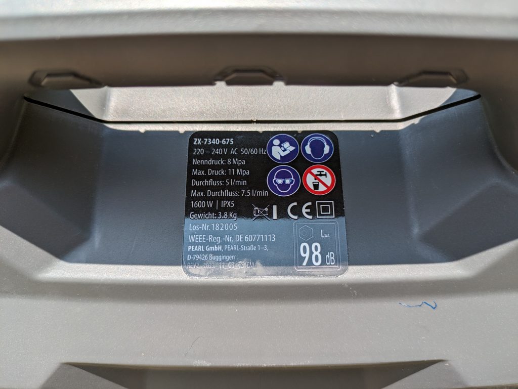 Typschild des AGT Professional ZX 7340 675 Hochdruckreinigers