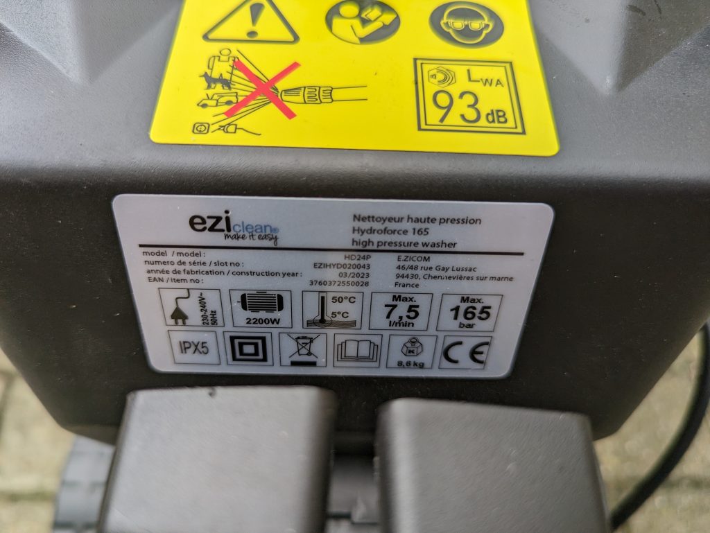 Typschild des Eziclean® Hydroforce 165 Hochdruckreinigers