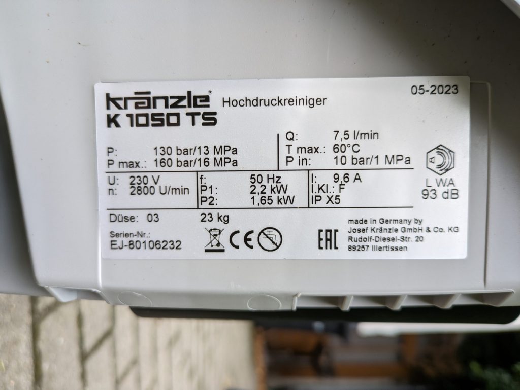 Typschild des Kränzle K 1050 TS Hochdruckreiniger